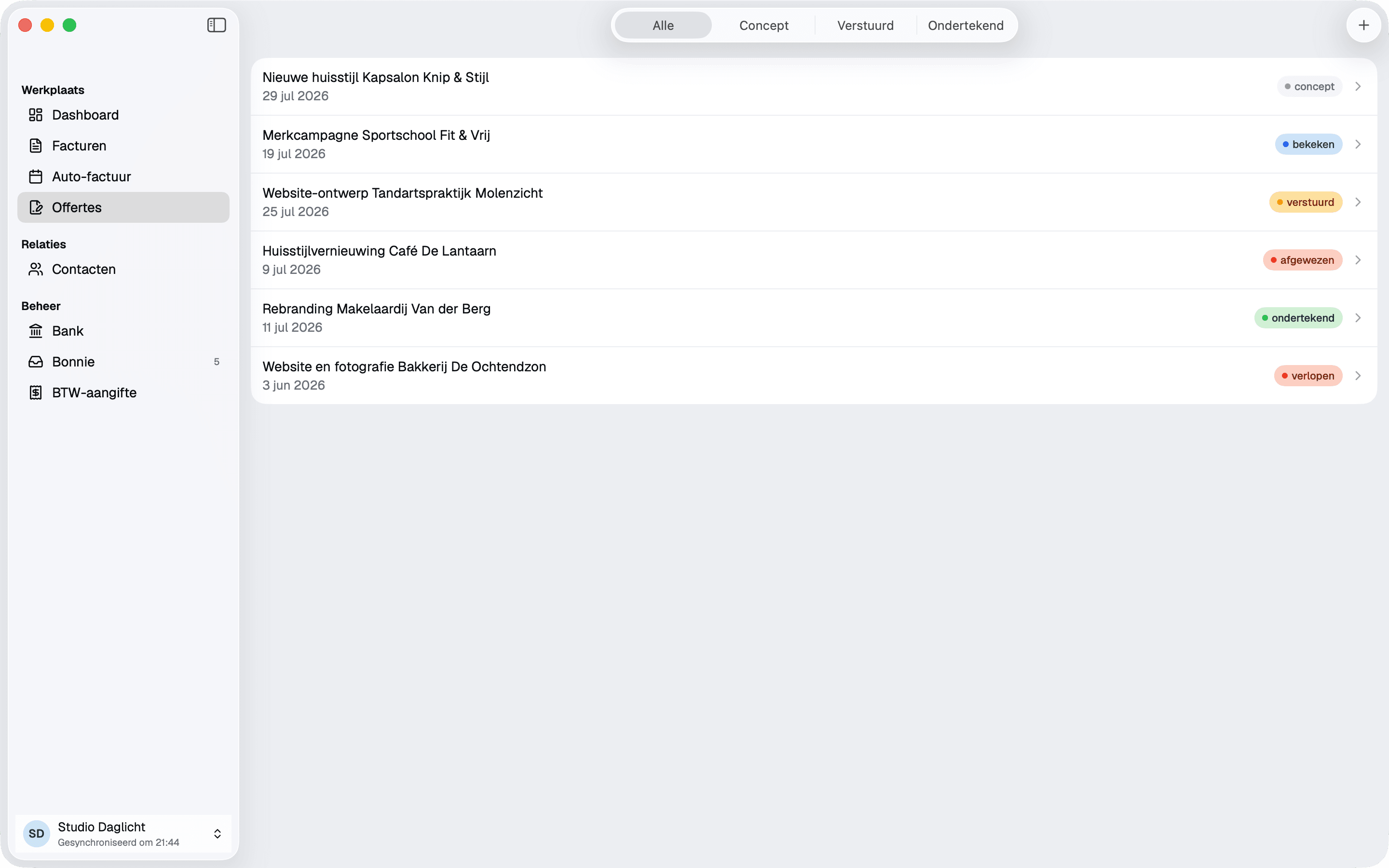 De offertelijst in de Mac-app met de status per offerte.