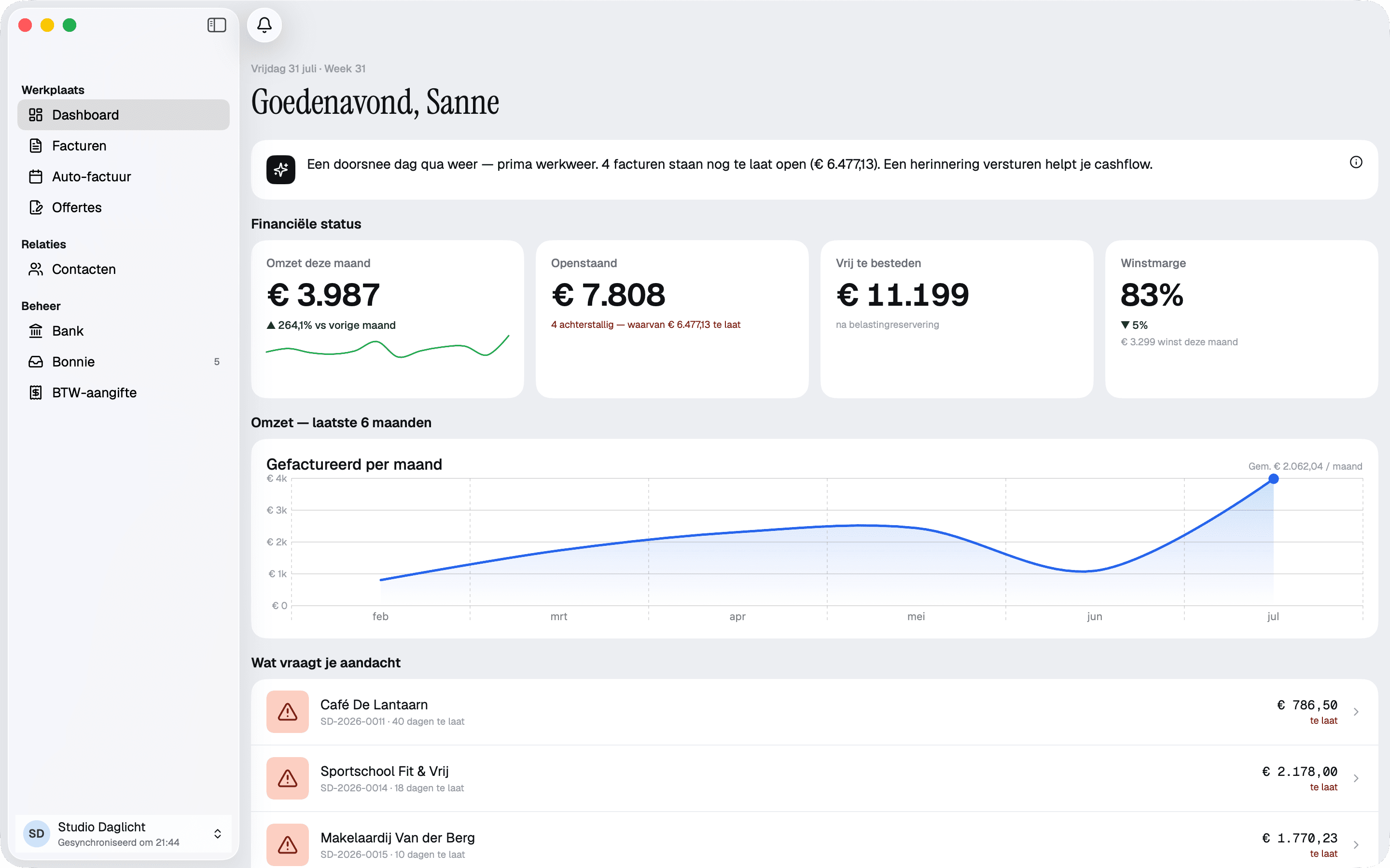 Het Factabel-dashboard in de Mac-app, met omzet, cashflow en openstaande facturen.