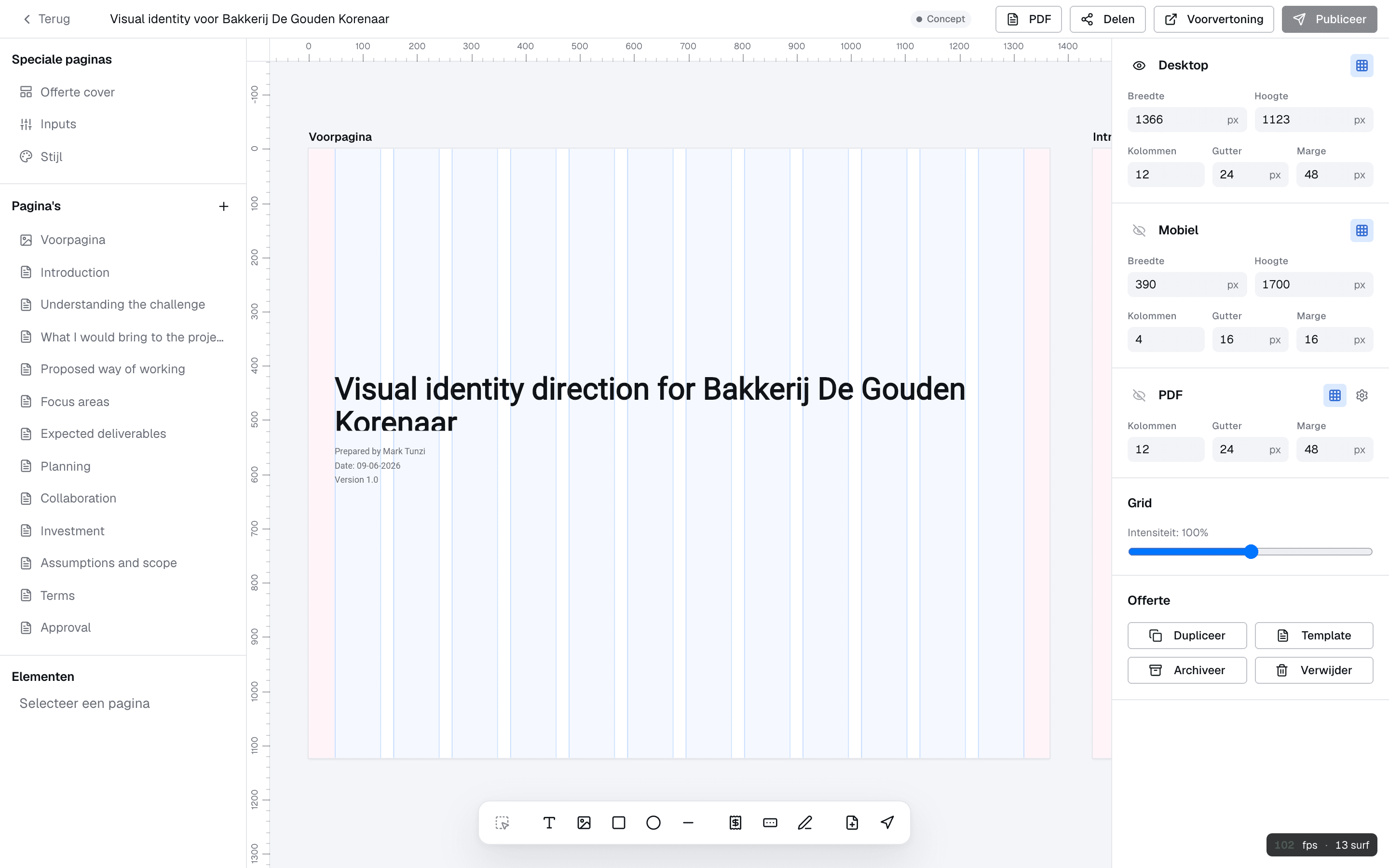 Het rechter paneel met Desktop, Mobiel en PDF naast elkaar, elk met breedte en hoogte plus kolommen, gutter en marge, en daaronder een grid-intensiteit-slider