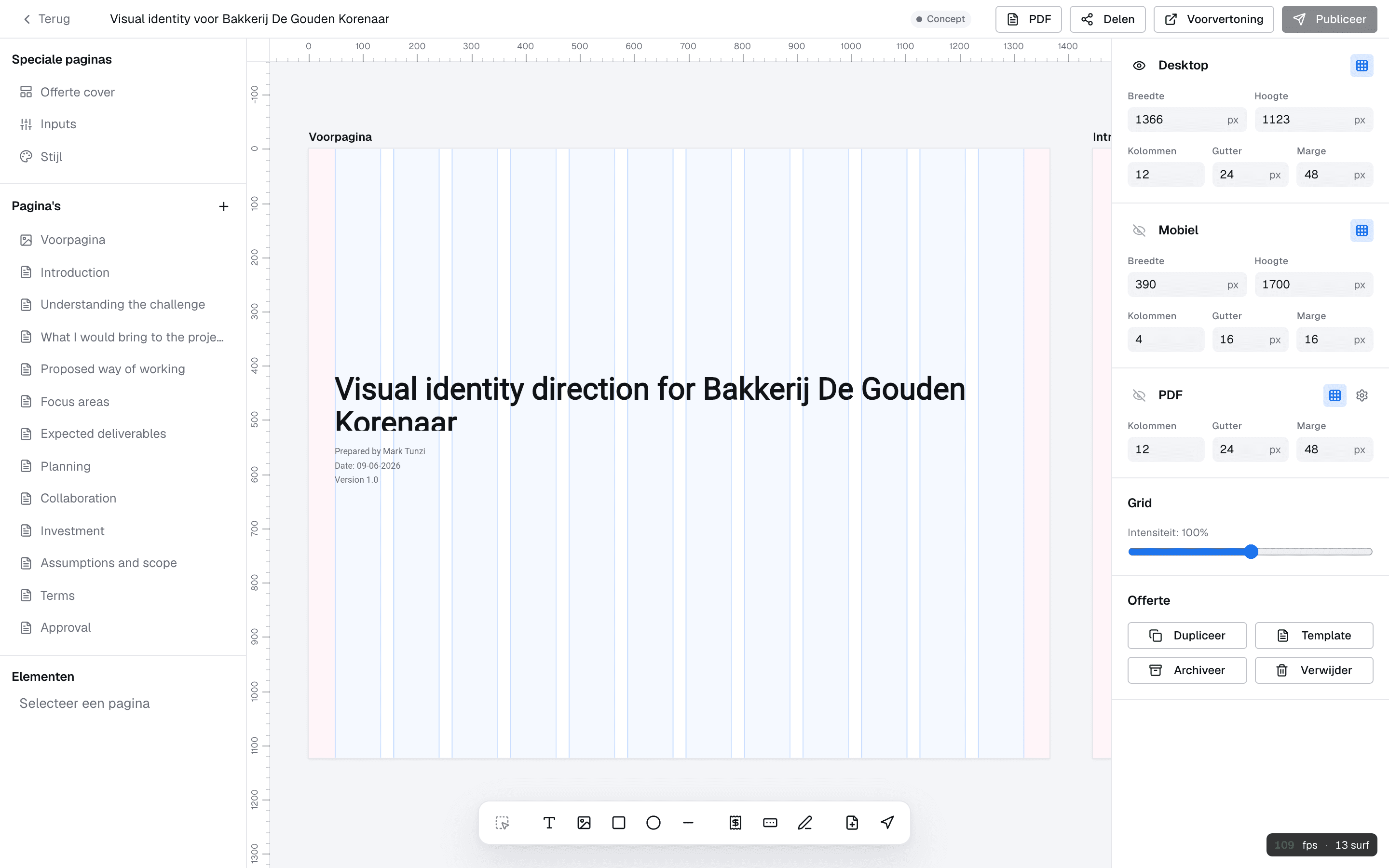 De offerte-editor in Figma-stijl: links de hoofdstukken zoals Voorpagina, Introduction en Investment, in het midden het canvas met de voorpagina, rechts de device-instellingen, en onderaan de zwevende blok-toolbar