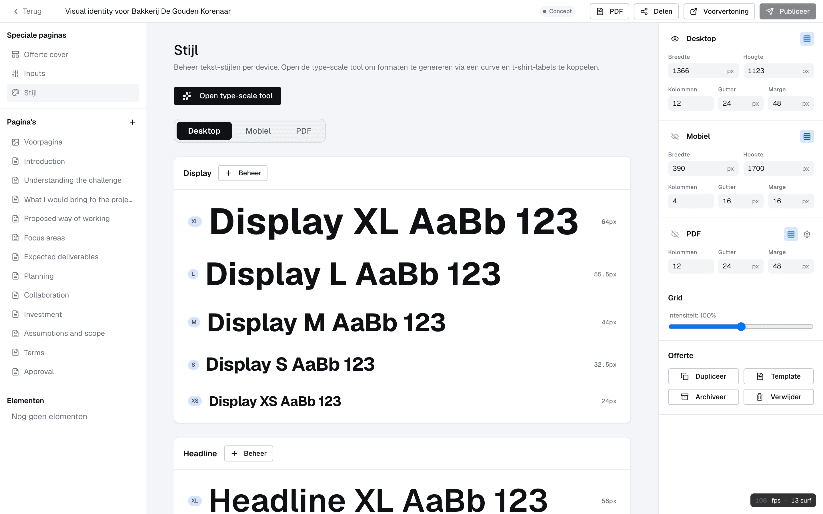 De Stijl-pagina met tekst-stijlen per device: Display XL, L, M, S en XS met hun groottes in pixels, pills voor Desktop, Mobiel en PDF, en een knop Open type-scale tool